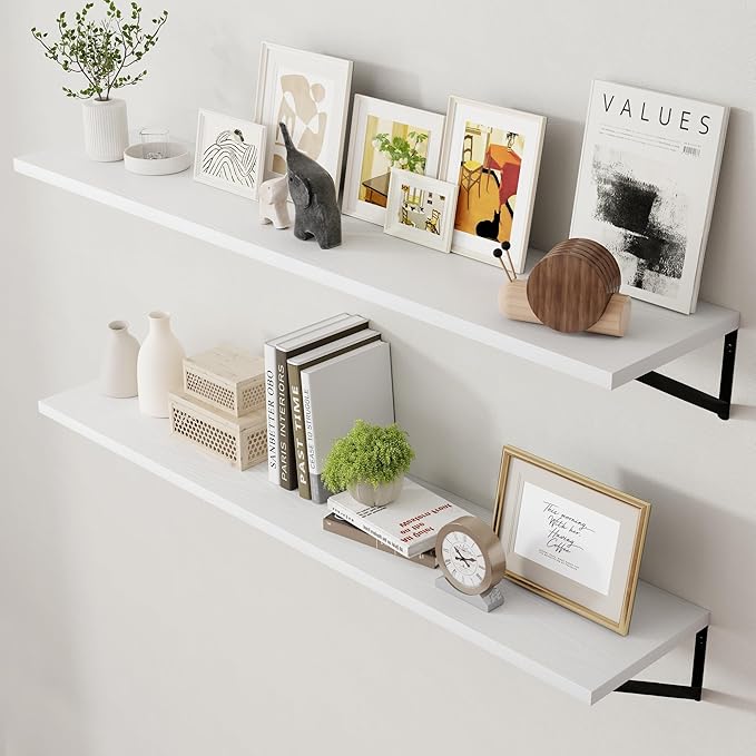 Axeman Floating Shelves for Wall White - 55 Inch Wide x 12 Inch Deep Wall Shelves Set of 2 - White Deep Wood Floating Shelves for Living Room Bedroom Laundry Room