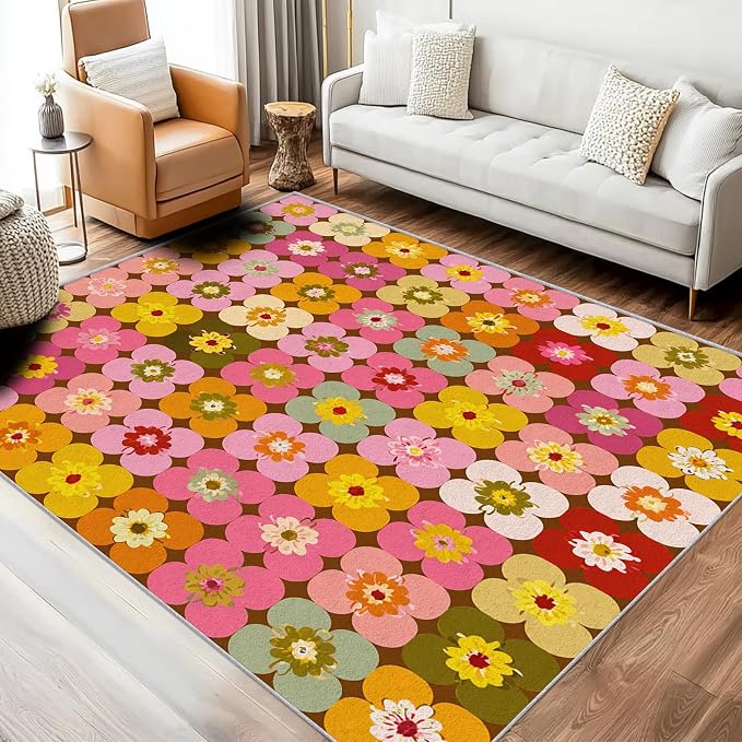 70s Floral Rugs 4x5, Retro Colorful Groovy Washable 4 x 5 Area Rug for Living Room, Bedroom, Low Pile Non Slip Stain Resistant Carpet, 70s Retro Home Decor Accessories & M841