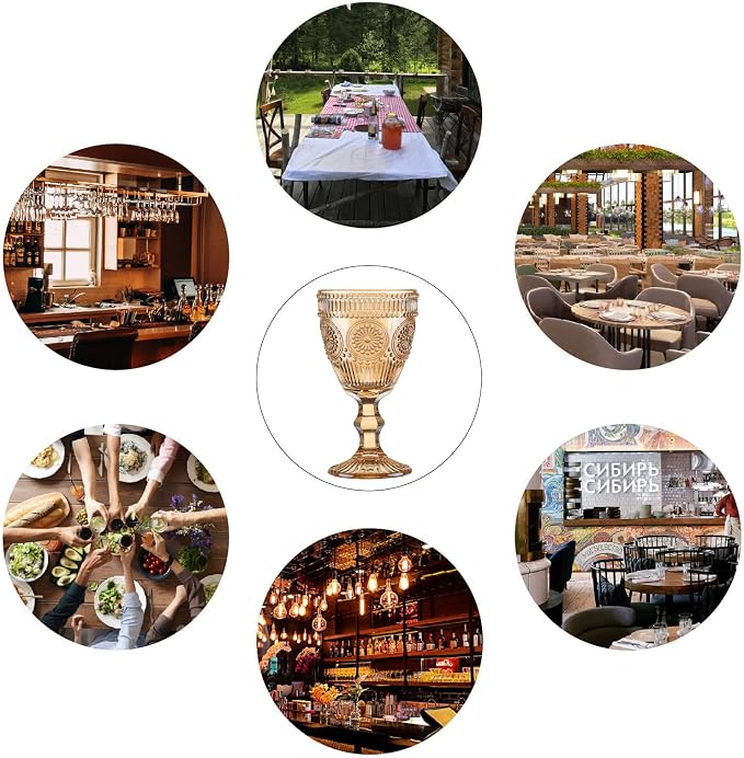 Vintage Wine Glasses Set of 6, 10 Ounces Colored Glass Water Goblets, Unique Flower Embossed Pattern High Clear Stemmed Glassware Wedding Party Bar Glass Drinking Cups Flower Amber Fancy Glasses