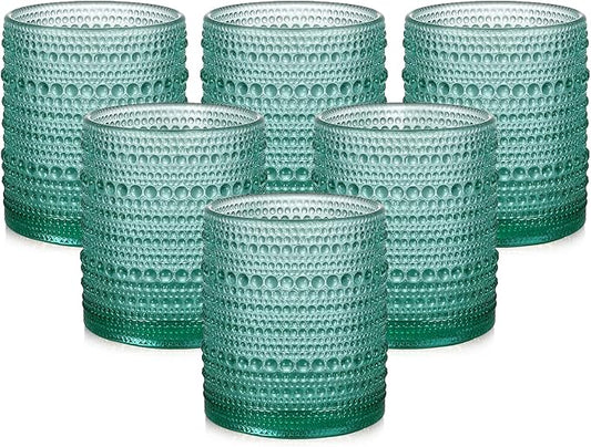 ZMOWIPDL Vintage Glassware Drinking Glasses Set of 6,12 oz Hobnail Glass Cups,Embossed Lake Blue Water Tumbler,for Beer,Cocktail,Whiskey,Juice and Various Mixed Drinks- 1 Cleaning Brush