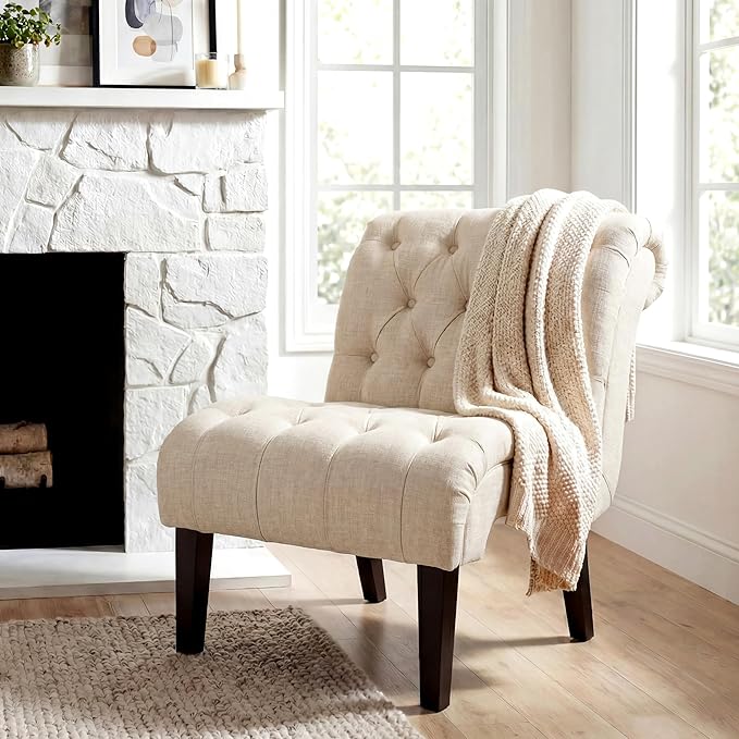 Mid Century Modern Accent Chair, Button Tufted Armless Lounge Chair, Upholstered Linen Side Chair with Solid Wood Legs for Bedroom, Living Room, Office