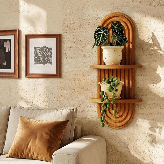 Boho Wall Decor Brown Hanging Shelves, 16.7in Walnut Floating Plant Shelf for Wall, 2 Tier mid Century wall Shelf for Home Bathroom Bedroom Living Room Office Holding Planter