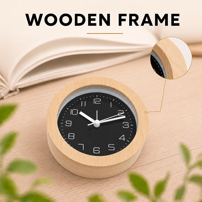 Analog Alarm Clock 5" Silent Non-Ticking Small Solid Wood Desk Clocks Battery Operated Simple Style Retro Table Clock for Office/Bedroom/Kitchen/School/Bedside/Shelf (Light Wood, Circular)