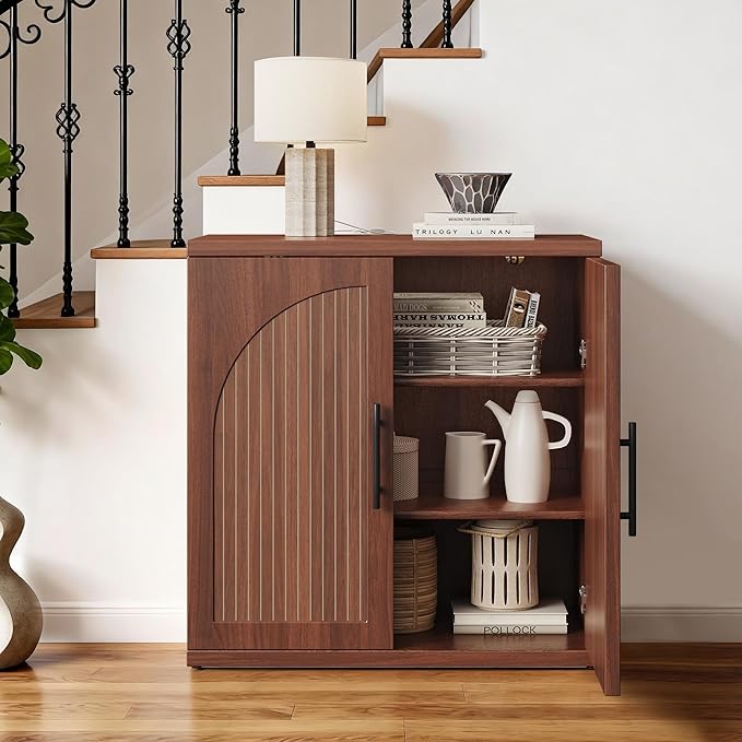 31.5" Fluted Buffet Cabinet with Storage, Mid-Century Symmetrical Arched Sideboard Credenza with Adjustable Shelf, Large Wood Console Table for Dining Room, Kitchen, and Living Room(Walnut)