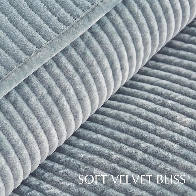 EverGrace Velvet Quilt Set King Size, Luxurious Soft Quilted Bedding Sets, Lightweight Velvet Comforter for All Season, Striped Channel Bedspread Coverlet with 2 Shams, 104" x 92", Blue Linen