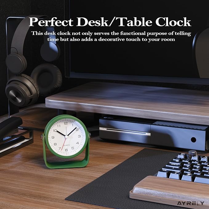 AYRELY® 3.5 Inch Small Analog Alarm Clocks,Battery Operated Desk Clock,Cute Table Clock with Light，Adjustable Angle for Travel,Bedside,Bedroom,Kids,Living Room Decor (Dark Green)