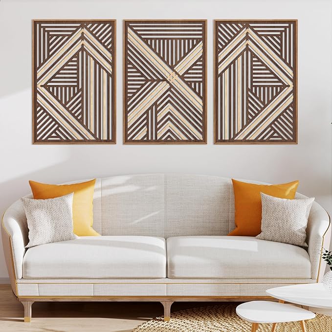 CHDITB Boho Geometric Wood Wall Art(Set of 3, 16"x24"), Large Modern Wooden Panel Hollow Line Art Decor, Rustic Abstract Minimalist Wall Hanging Artwork for Bedroom Living Room Office
