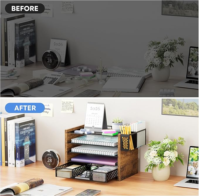 Simple Trending 5-Tier Paper Organizer Letter Tray, Wood Desk Organizers and Accessories with Drawer & Pen Holder for Home Office School