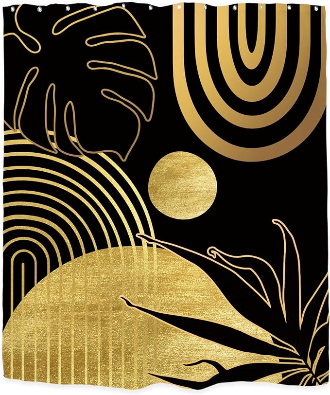 Miyotaa Abstract Modern Shower Curtain Set 60Wx71H Inches Minimalist Aesthetic Black Gold Contemporary Plant Monstera Leaves Geometric Polyester Waterproof Bathroom Curtain with 12 Hooks