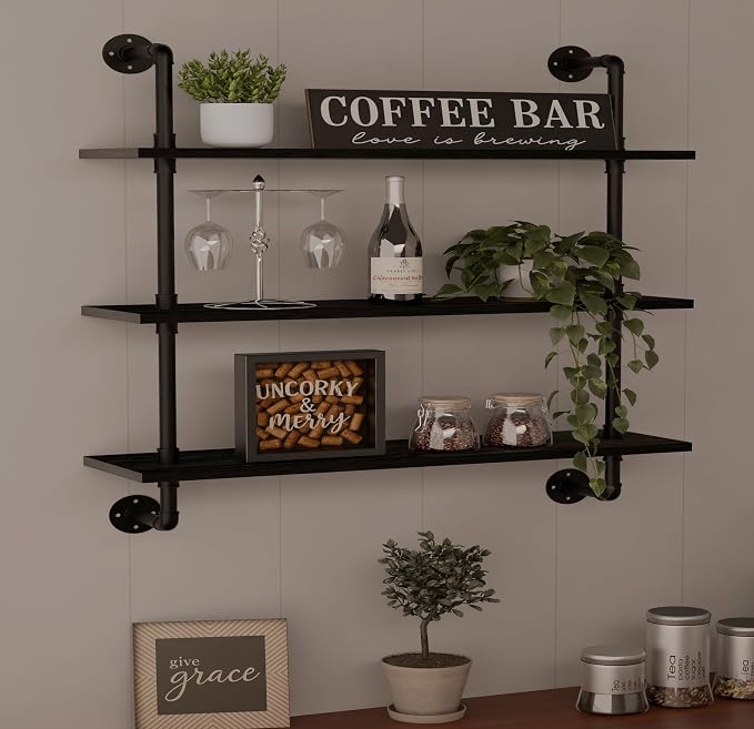 HDDFER Industrial Pipe Shelf Shelving Bookcase, Wall Mounted Rustic Bookshelf, Floating Bookshelves for Wall,Retro Wood Metal Pipe Industrial Shelves for Living Room