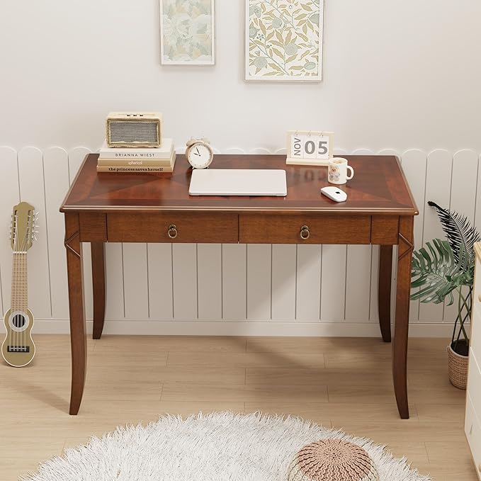LEEMTORIG 46" W Vintage Solid Wood Writing Desk, Secretary Desk with 2 Drawers, Mahogany Cherry Wood Writing Table for Home Office, Queen Anne Style Wooden Desk, Cherry Brown BSZ-DR200