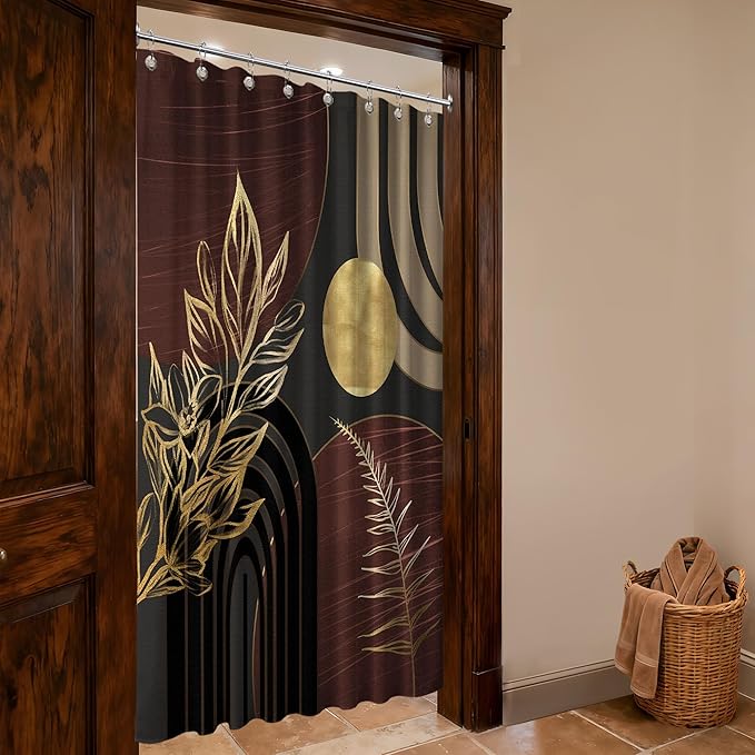 Dark Brown and Black Shower Curtain Boho Mid Century Gold and Brown Shower Curtains for Bathroom Decor, Waterproof Cloth Fabric with Hooks, 48" W x 72" L