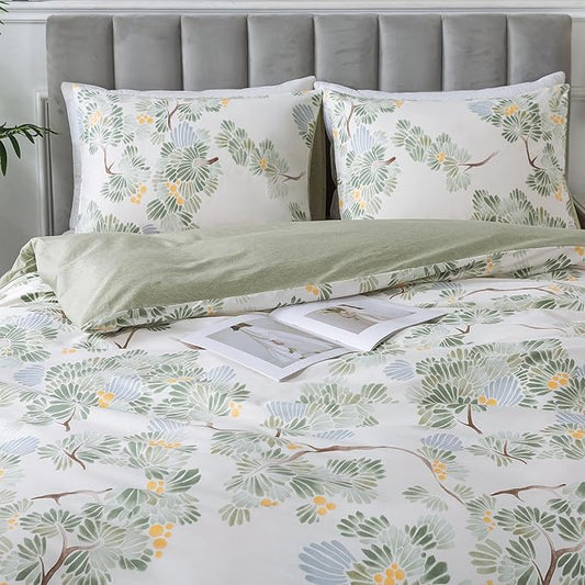 HoneiLife Duvet Dover Queen Size - 100% Cotton Comforter Cover Botanical Bedlinen Set with Zipper Closure & Corner Ties, 3-PC Forest Comforter Cover Sets