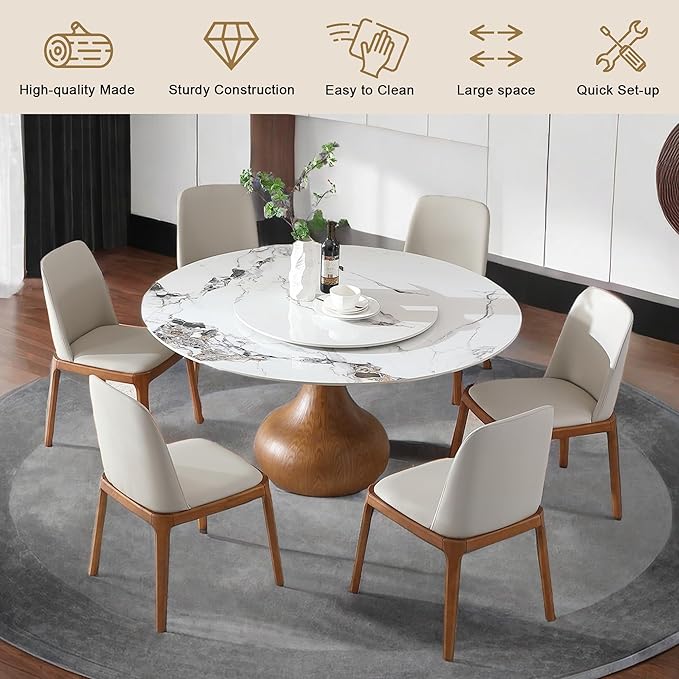 Marble Dining Table, 59" Round Sintered Stone Table for Dining Room, Kitchen, Dinette, Compact Space with Lazy Susan for 4-8 Only Table