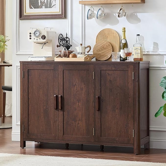 Sideboard Buffet Cabinet with Storage, 46" Arc-Shaped Credenza with 3 Doors & Adjustable Shelves, Mid Century Modern Coffee Bar Cabinet for Kitchen, Living Room, Entryway, Walnut