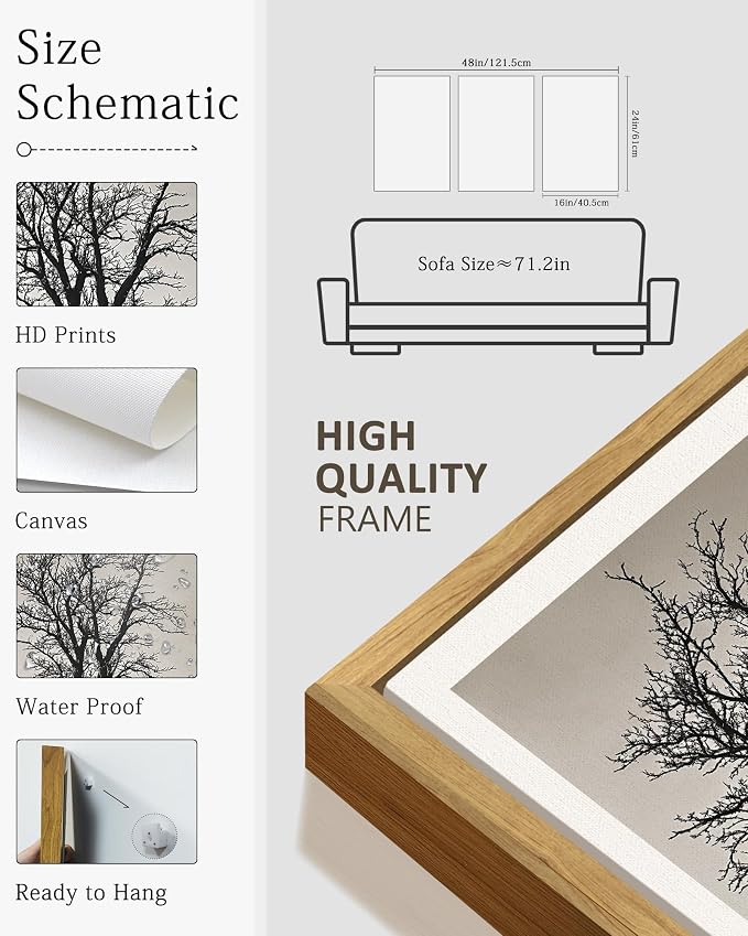 KUVIOKE Vintage Tree Framed Canvas Wall Art Black and White Retro Antique Forest Drawings Nature Wilderness Sketch Wall Painting Modern Decor 16x24in (Natural Framed)