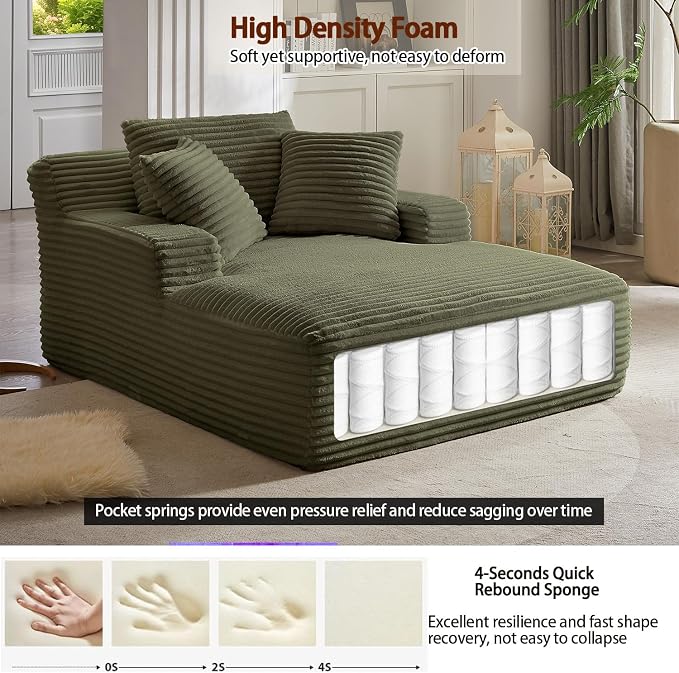 50 Inch Oversized Chaise Lounge Chair Indoor, Corduroy Upholstered Sleeper Sofa Bed with Spring Cushion, No Assembly Lazy Boneless Chaise Lounge for Bedroom Office, Green