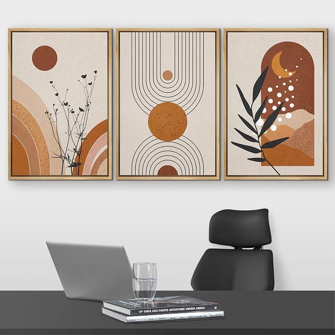 wall26 Framed Canvas Print Wall Art Set Boho Mid-Century Geometric Forest Plant Planets Nature Abstract Illustrations Modern Bohemian Decorative for Living Room, Bedroom, Office - 16"x24"x3 Natural