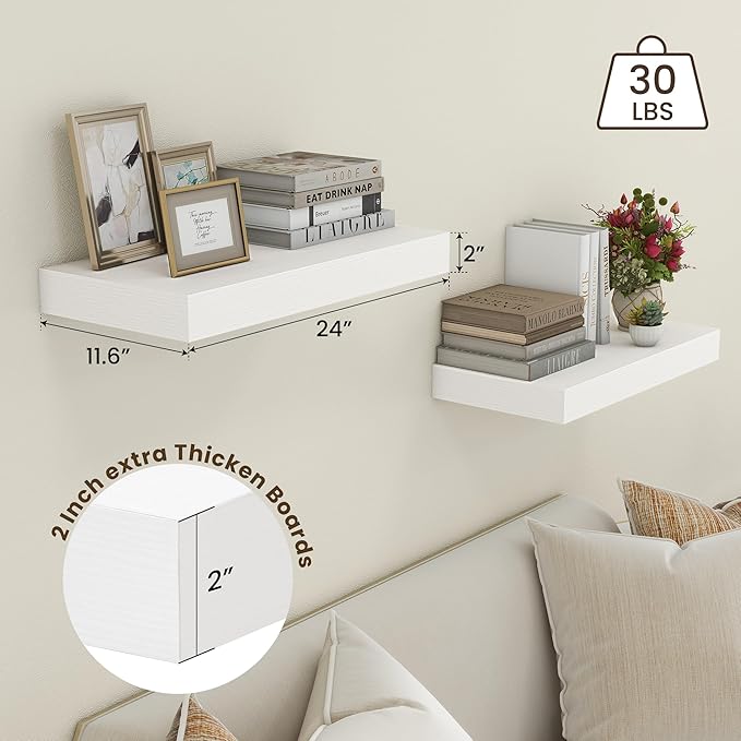 Deep Floating Shelves | 24 Inch White Floating Shelves Set of 2 | 12 Inch Deep Rustic Wood Shelves for Wall | 24" W x 12" D White Shelves for Living Room Bathroom Laundry Room Kitchen