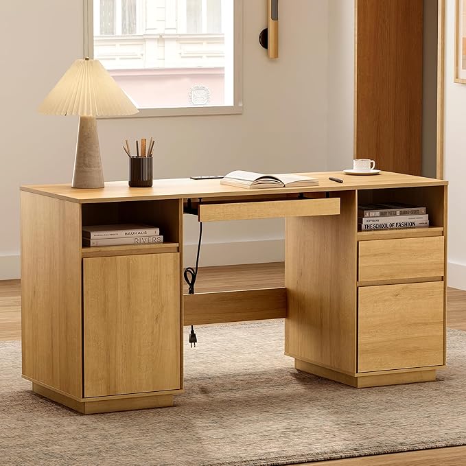 EYYTHUNG 59" Executive Desk, Farmhouse Large Home Office Desk with File Drawer & Outlet & Storage Cabinet, Wood Computer Desks with Keyboard Tray, Workspace for Study Writing, Natural Oak