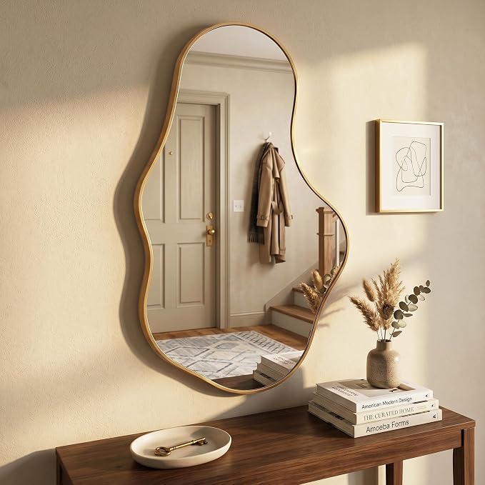 Irregular Wall Mirror, 24"x40" Gold Abstract Asymmetrical Mirrors for Wall, Decorative Cloud Aesthetic Mirror for Bathroom, Bedroom, Cloakroom, Entryway, Shatter-Proof Aluminum Alloy Frame