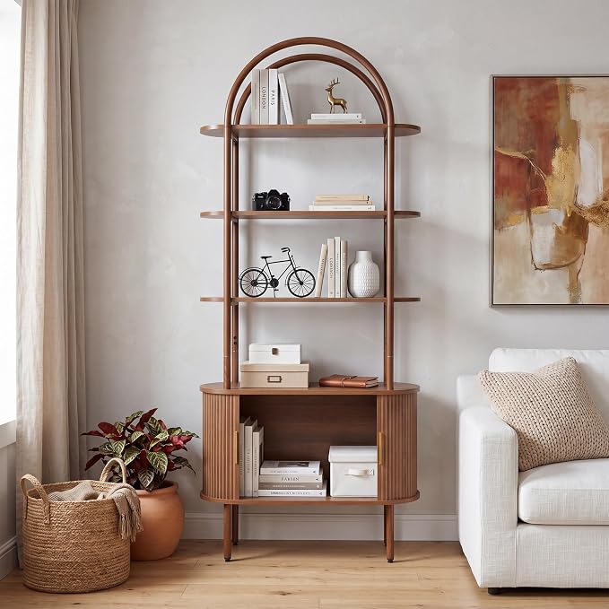 71" Tall Fluted Arched Bookshelf with Sliding Tambour Doors, Mid Century Modern Metal Curved Bookshelf Cabinet with Storage, 4-Tier Open Display Storage Shelf for Home Office, Living Room (Walnut)
