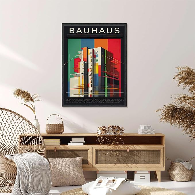 Framed Bauhaus Geometric Architecture Poster Canvas Print Art Modern Contemporary Minimalist Aesthetic Wall Art Painting Pictures Wall Decor Exquisite Home Decor for Living Room Office Apartment (Black framed,12L"X16W")