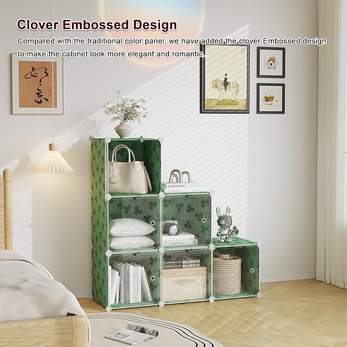 C&AHOME Cube Storage Organizer with Doors, 6-Cube Shelves, DIY Plastic Modular Bookshelf, Closet Clothes Storage Shelving Ideal for Bedroom, Living Room, Clover Embossed, Green