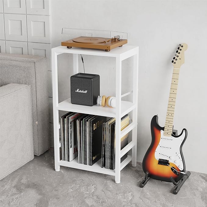 YAKANJ End Table with LED Light,Record Player Stand with Albums Storage,Vinyl Records Storage,Turntable Stand Side Table for Music Room Studio Living Room Bedroom-Rustic White