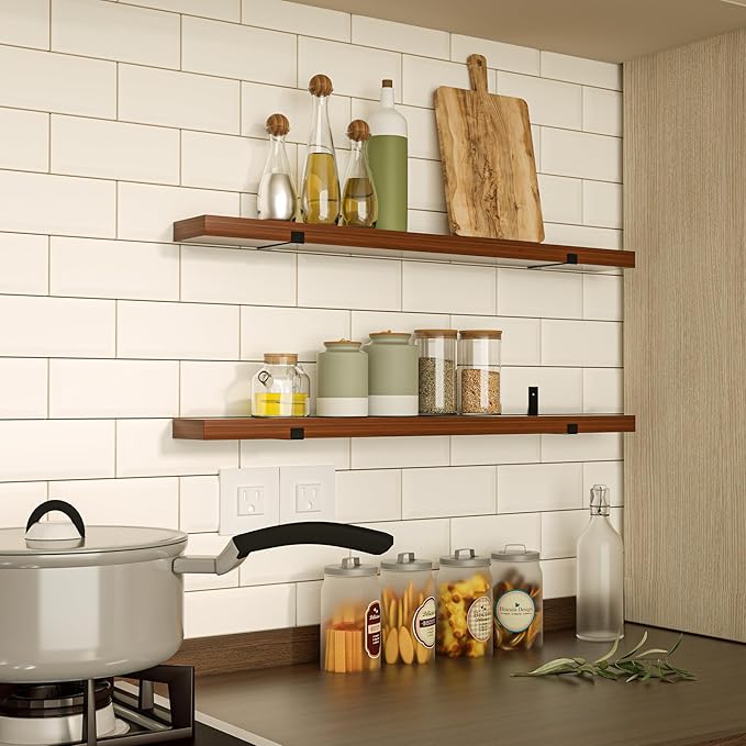 CONSDAN Floating Shelves for Wall Mounted Book Shelf Hanging Shelves Floating Bookshelf for Bedroom, Bathroom, Living Room, Kitchen USA Grown Solid Hardwood, Dark Maple 24x7.5x1.5 in (Set of 2)