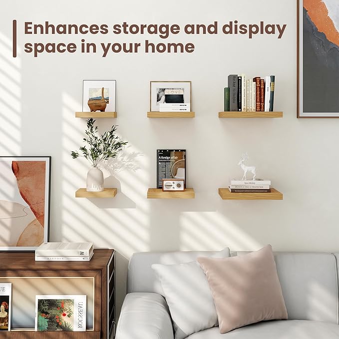 Fun Memories Square Floating Shelves for Wall - 12 Inch Deep Floating Shelves with Invisible Brackets, Oak Small Wall Shelf for Living Room, Bathroom, Bedroom, and Kitchen Decor，Set of 4