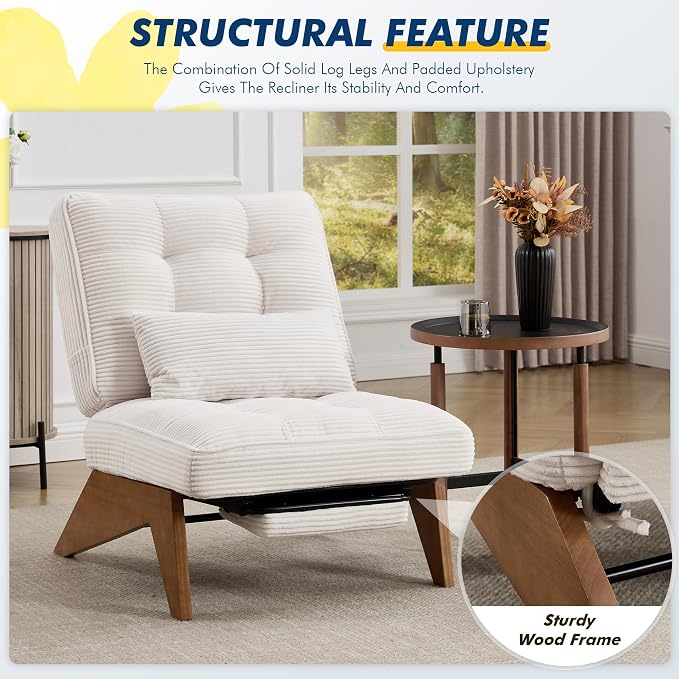 Accent Chair with Ottoman Adjustable Backrest, Stripe Living Room Chair Indoor Lounge Chair with Build-in Footrest Set, Modern Chair Cozy Reclining Chair for Reading Room, White