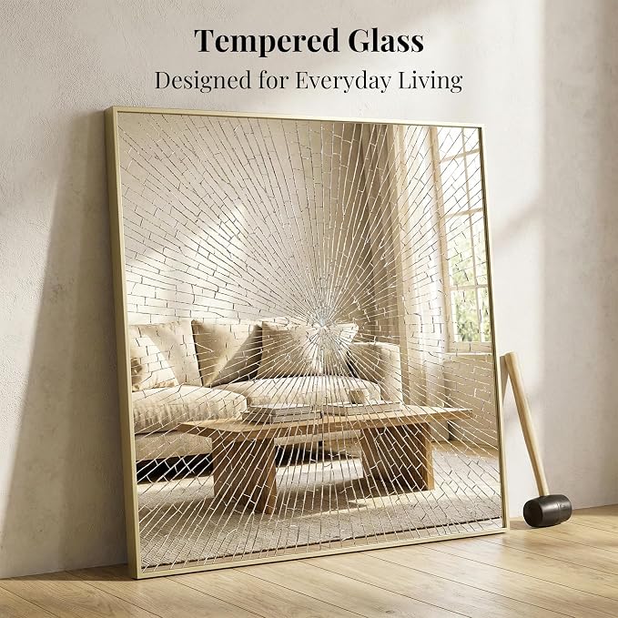 30"x30" Square Gold Bathroom Mirror, Shatterproof Tempered Glass, Brass Tone Geometric Narrow Frame, Ultra-Flush Wall-Mounted