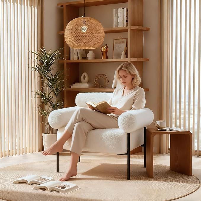 Modern Accent Chair, Boucle Sofa Accent Chair for Living Room, Upholstered Sherpa Mid-Century Modern Armchair, Oversized Reading Chair with Channel Tufted for Bedroom, Office, White