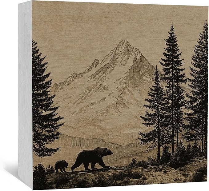 Vintage Mountain Forest Bear Decor Signs, Bear Gifts for Women Men, Rustic Mountain Landscape Wild Animals Wooden Box Sign for Home Bedroom Living Room Desk Table Shelf 5x5 Inch