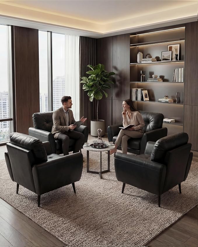 TYBOATLE Accent Chairs Set of 2, Comfy Modern Living Room Chair Black Leather Reading Accent Chairs Tufted Mid Century Arm Chair Small Salon Chair for Office Bedroom (2, Black)