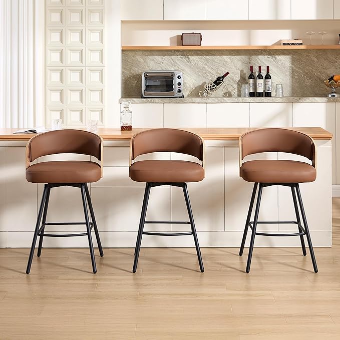 Swivel Bar Stools Set of 3, 26" Counter Height Bentwood Barstool, Upholstered Faux Leather Barstools with Walnut Back, Mid Century Modern Bar Chairs for Kitchen Island, Bar