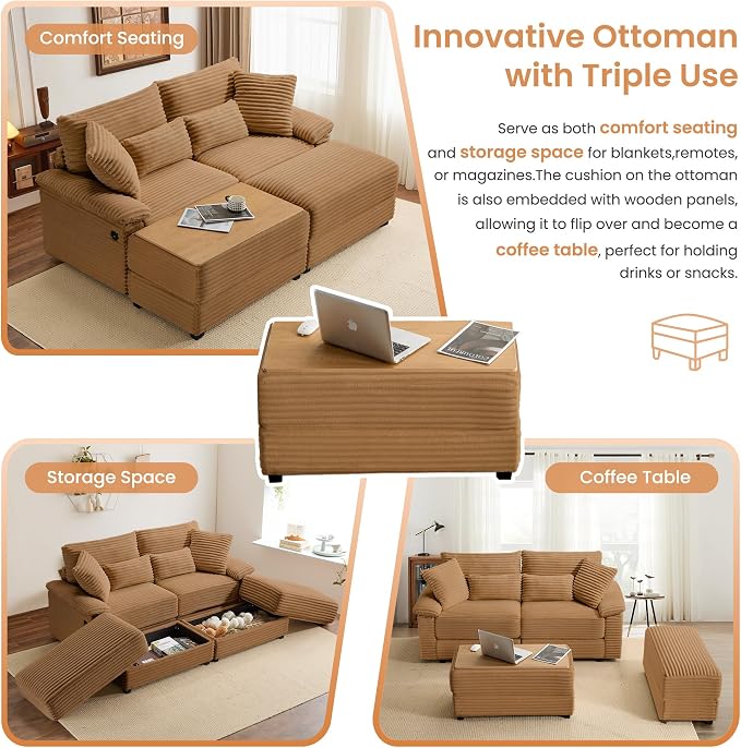 SUNWAVE 74" Double Chaise Lounge Chair Indoor, Oversized Loveseat with Removeable Ottoman, Corduroy Couch with USB Charging, Storage Ottoman, and Coffee Table Cushions for Living Room