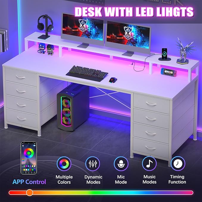 YOMILUVE 60 Inch Computer Desk with 8 Fabric Drawers, Gaming Desk with LED Lights & Power Outlets, Home Office Desk with Monitor Stand, White