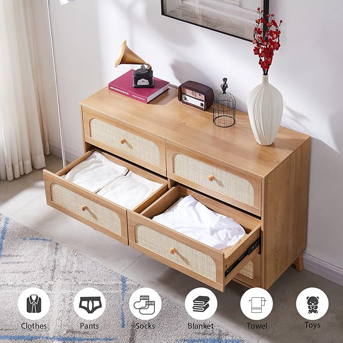Dresser for Bedroom with 6 Drawers – Wide Chest of Drawers with Pulls Handles, Solid Wood Legs, Easy Assembly, Farmhouse Tall Dressers for Closet, Living Room,Hallway and Entryway Knobs Oak