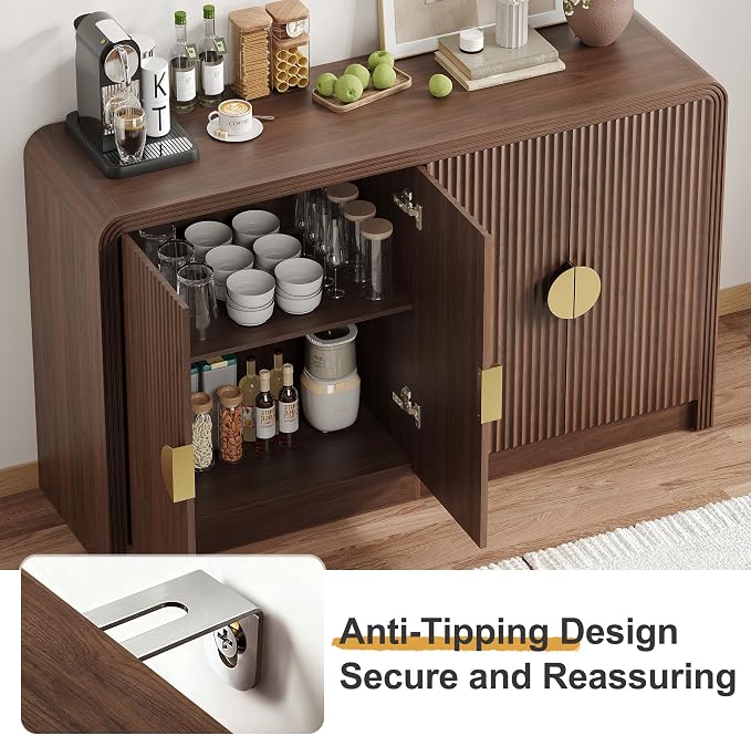 Decofy 55" Fluted Buffet Sideboard Cabinet, Modern Mid Century Console Cabinet with Adjustable Shelves & Wavy Grain Doors for Kitchen Cabinet Storage,Living Room,Entryway,Coffee Bar Cabinet (Walnut)