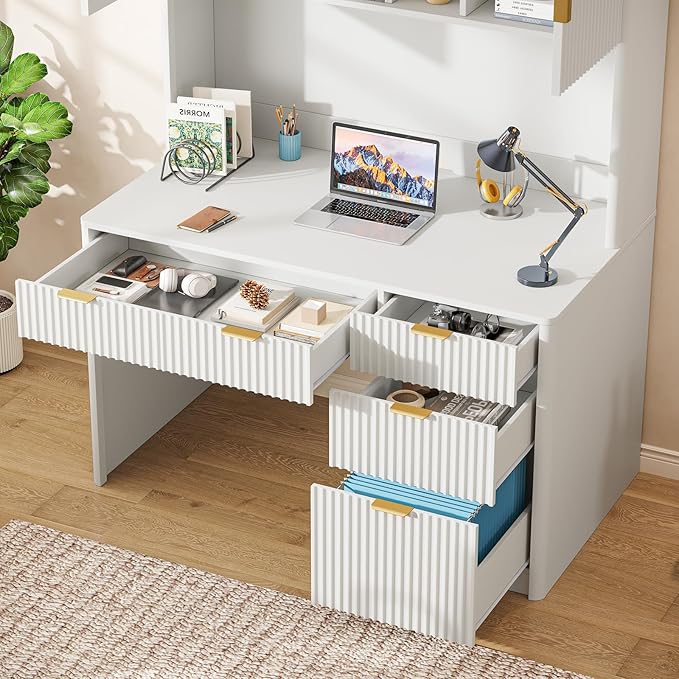 Vabches 67" H Executive Desk with FlutedDrawers,4 Drawers Fluted ComputerDesk,Wood Workstation with Hutch and BarnDoors for Work and Study,Cream White