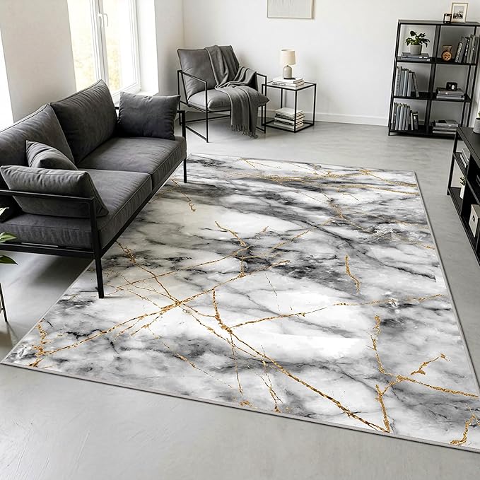 Merelax 4x6 Area Rug for Livingroom Bedroom - Washable Non-Slip Abstract Grey Rug, Indoor Floor Carpet Low Pile Soft Rug for Entryway, Mudroom, Kitchen, Modern Aesthetic Home Decor, Gray&Gold