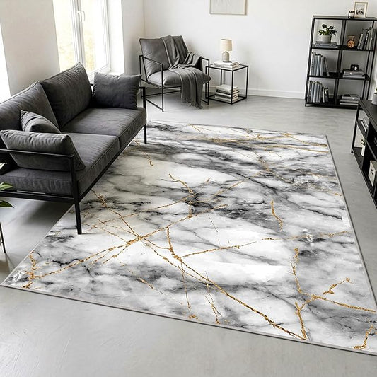 Merelax 4x6 Area Rug for Livingroom Bedroom - Washable Non-Slip Abstract Grey Rug, Indoor Floor Carpet Low Pile Soft Rug for Entryway, Mudroom, Kitchen, Modern Aesthetic Home Decor, Gray&Gold