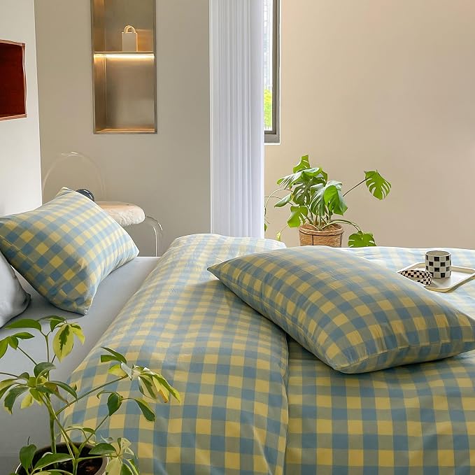 mixinni Yellow Blue Green Checkered Duvet Cover Set - Full Size, 3-Piece 100% Cotton Bedding Set, Soft & Breathable Geometric Plaid Comforter Cover with Zipper for All Seasons