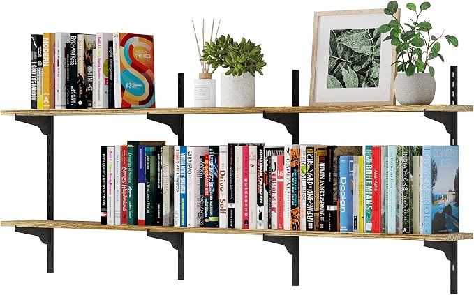 Wallniture Turin 60 Inch Floating Shelf, Adjustable Wall Shelves, Wood Shelving, Wooden Floating Shelves, Wall Mounted Bookshelf, Storage for Living Room, Kitchen, Office, 2 Tier, Burnt Finish