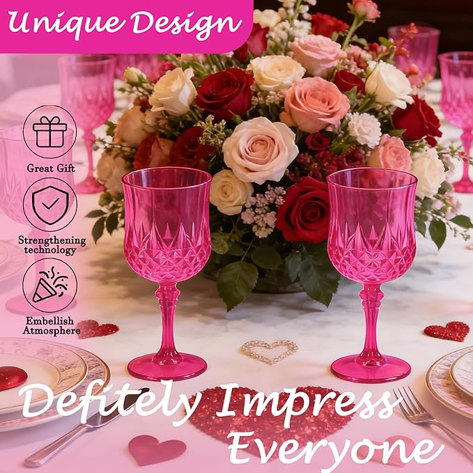 Plastic Wine Glasses, Plastic Goblets Vintage Style Cordial Drinking Glasses for Valentine’s Day, Wedding Reception, Grand Event Party Supplies (48, Hot Pink)