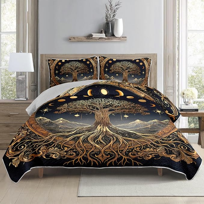 AILONEN Golden Tree of Life Twin Quilted Comforter Set 3 Piece, Celestial Moon Phase Bedspread Coverlet with 2 Pillow Shams, Soft Mystic Forest Bedding for Kids Dorm Room