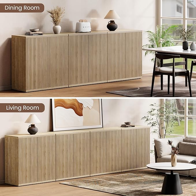 Fluted Buffet Cabinet Sideboard with Storage,Wooden Credenza with 2 Doors&Adjustable Shelve, Modern Accent Cabinets Coffee Bar Bookcase for Living Room,Kitchen Dining Room Entryway 15"D Natural Oak