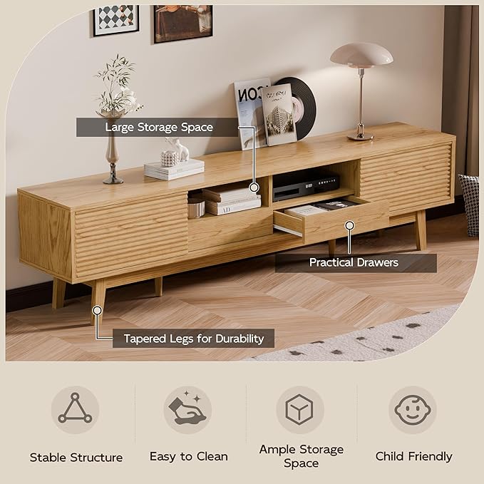 TOLEAD 70" TV Console, Mid Century Modern Media Console for 55/65/75 Inch TV, Low Profile TV Stand with Fluted Sliding Doors, Boho Light Wood Credenza for Living Room, Oak